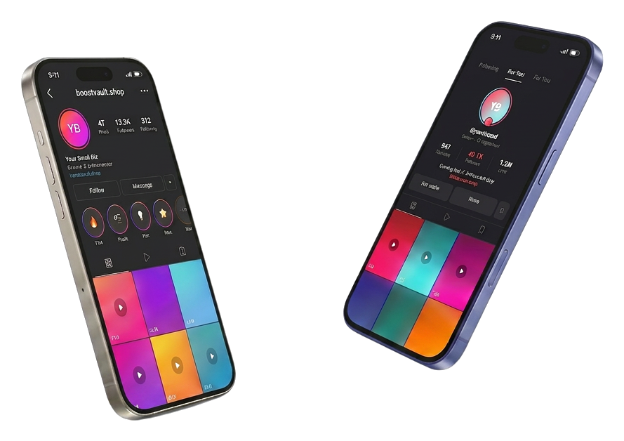 Two iPhones showing Instagram and TikTok profiles with rising followers